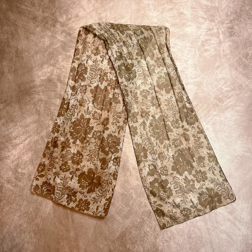 Vintage Y2K Floral Print Sheer Mesh Scarf Brown Tan Fairycore Peasant Festival